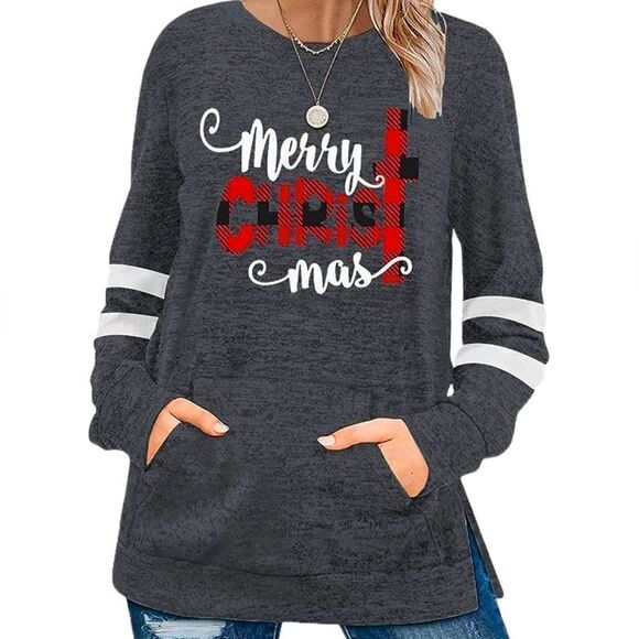 FERYSHE Women’s Soft Long Sleeve Merry Christmas Kangaroo Pocket Top Size Large - Picture 1 of 7